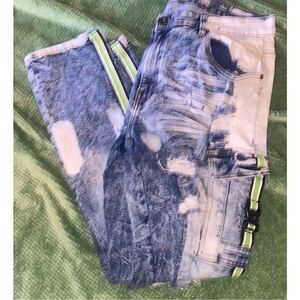 AHP Another Hype Piece super distressed fringed buckle paint splash stretch jean